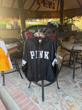 PINK Victoria Secret: Black Hooded Windbreaker Jacket with White Accents